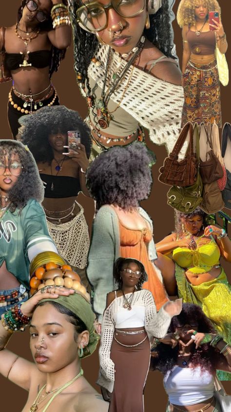 #boho #blackwomen #jewlery #style Earthy Neo Soul Aesthetic, Afro Centric Fashion Style, Boho Outfit Black Women, Black Women In Different Aesthetics, Black Woman Earthy Outfits, Dark Academia Meets Boho, Fairy Core Outfits Black Women, Down To Earth Aesthetic Outfit, Black Women Earthy Aesthetic