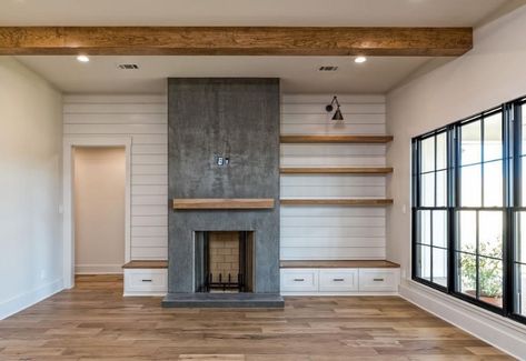 LittleThings.com : Chip and Joanna Gaines Just Built A New Home, And It's Charming As All Heck -- The far side of the kitchen features a wood-burning fireplace. There is also a good deal of built-in storage throughout the home, such as the shelves seen here. Architectural Shingles Roof, French Oak Flooring, Living Tv, Architectural Shingles, Home Insulation, Fireplace Built Ins, Apartment Decoration, Gorgeous Houses, Built In Dishwasher