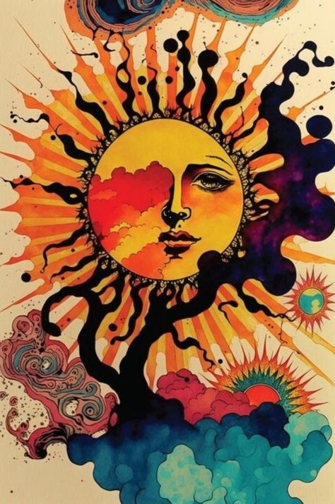 Spiritual Artwork Paintings, Sun Painting Hippie, Vintage Celestial Art, Sun Artwork, Hippy Art, Art Hippie, Sun Painting, Psychadelic Art, Hippie Painting