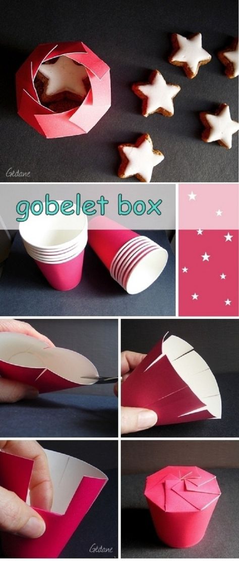 So earlier this week I posted about a wreath made out of simple cups. So I kind of have cups on the crafting brain. So when I spotted this tutorial on how to make a treat container out of a cup wit… Origami Kutu, Creative Diy Gifts, Cup Crafts, Puppy Chow, Cookie Packaging, Navidad Diy, Diy Gift Box, Paper Cups, Bake Sale