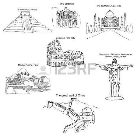 The modern seven wonders of the world. Sketch pencil. Drawing by hand. Vector image 7 Wonders Of The World Drawing, Architecture Embroidery, World Sketch, Statue Of Liberty Drawing, 7 World Wonders, Seven Wonders Of The World, Pregnancy Art, 7 Wonders, World Tattoo