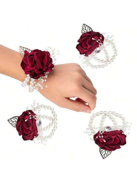 Red Wrist Corsage, Hand Corsage, Handmade Boutonniere, Flower Party Decorations, Blue Boutonniere, Wrist Corsage Wedding, Prom Corsage And Boutonniere, Pink Flower Crown, Wedding Corsage