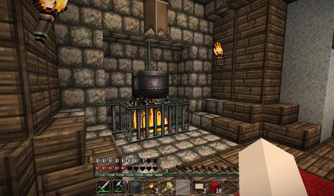 [Detail] Fireplace with cooking pot - Imgur Minecraft Epic Builds, Minecraft Fireplace, Minecraft Rooms, Cooking Fireplace, Minecraft Furniture Ideas, Minecraft Living Room, Minecraft P, Large Fireplace, Indian Bedroom Decor