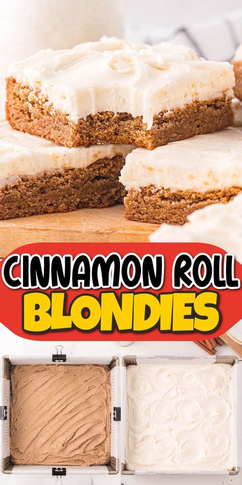 Cinnamon Roll Blondie Cinnamon Roll Blondies, Cinnamon Swirls, Whipped Cream Cheese Frosting, Blondies Recipe, Sweet Treats Recipes, Dessert Dips, Easy Cinnamon, Cinnamon Roll, Cheese Frosting