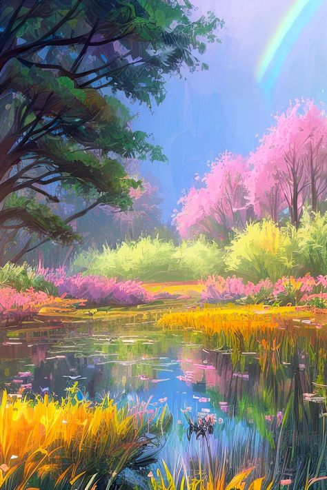 Enter a world of enchantment with a charming and colorful swamp, showcasing nature's vibrant beauty in a mesmerizing digital artwork. Book Cover Art Ideas, Pastel Landscape, Dreamy Landscapes, Beautiful Images Nature, Cool Wallpapers Art, Beautiful Nature Wallpaper, Cool Backgrounds, Dream Art, Nature Paintings