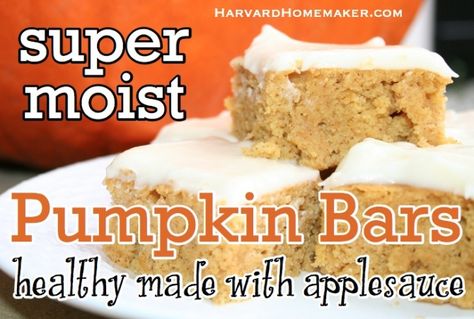 Moist & Healthy Pumpkin Bars - Made with Applesauce.  These are always a huge hit!  No one can believe there is ZERO oil!  #pumpkinbars #recipes #fall #harvardhomemaker Healthy Pumpkin Bars, Healthy Bakes, Breakfast Cakes, Egg Substitute, Healthier Sweets, Christmas Help, Pumpkin Desserts, Eating Healthier, Recipes Thanksgiving