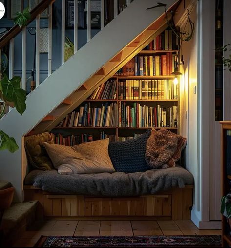 Book Nook Under Stairs, Under Stairs Bookshelf, Bookshelf Under Stairs, Bookish Lifestyle, Stair Bookshelf, Loft Layout, Stair Nook, Dream Library, Dome Home