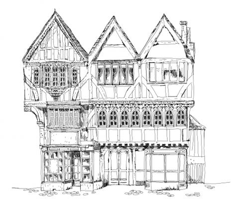 Do you like this amazing medieval Tudor house coloring page? Why don't you download it, print it and start coloring it? Tudor House Drawing, Downloadable Coloring Pages, Tudor Houses, Tudor Architecture, Building Drawings, Great Fire Of London, Gothic Buildings, House Cartoon, House Colouring Pages