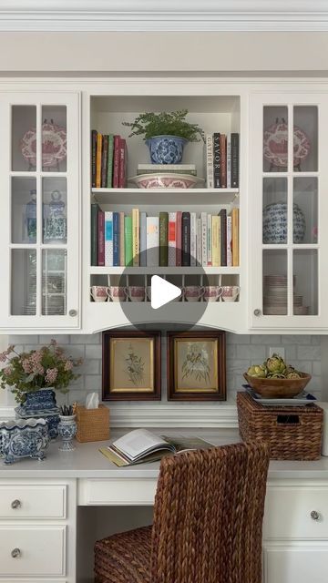 Kelly | Southern Charm Cottage on Instagram: "The Kitchen Desk (circa 1995) 💙  I know they aren't in style anymore, but we are so happy our kitchen has one!   It's the perfect place to look through my cookbooks. Speaking of cookbooks, I am always looking for a new one. If you have a favorite, please share!  Have a beautiful day, friends!  #kitchendecor #collectedhome #kitchendesign #cookbooks #cozyhome #southernhome" Office Desk In Kitchen Ideas, Office In Kitchen Ideas, Desk Area In Kitchen, Office In Kitchen, Kitchen Office Ideas, Built In Kitchen Desk, Desk In Kitchen, Kitchen Desk Ideas, Kitchen Desk Area