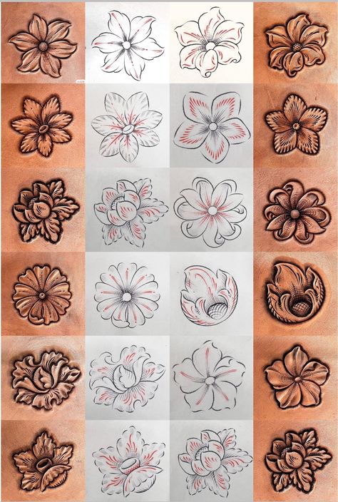 Leather Tattoo Design, Leather Work Tattoo, Tooled Leather Pattern, Leather Tooling Patterns, Tooling Patterns, Leather Scraps, Wood Burning Art, Leather Flowers, Leather Pattern