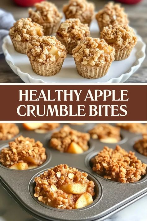 These Healthy Apple Crumble Bites are a delicious and naturally sweetened snack or dessert made with apples, oats, and almond flour. Easy to make, gluten-free, and the perfect portion size for a guilt-free treat. Bake them in a mini muffin tin and enjoy a wholesome snack anytime! Save this recipe now and try it out. #healthyrecipe #applecrumble #glutenfree #snack Mini Muffin Tin Recipes, Gluten Free Apple Crumble, Apple Muffins Healthy, Healthy Apple Crumble, Apple Crumble Recipe, Healthy Granola Bars, Guilt Free Snacks, Wholesome Snacks, Healthy Sweet Treats