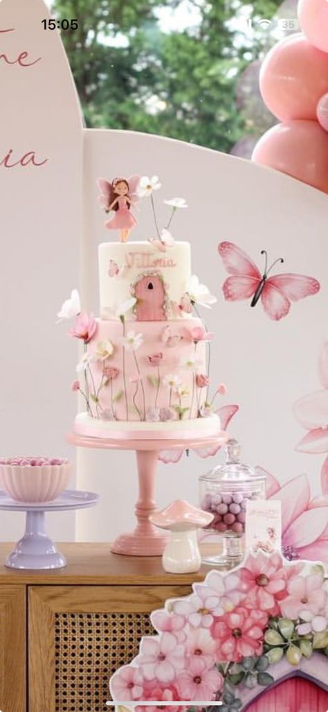 Fairy Land Birthday Decoration Ideas, Enchanted Fairy Garden Birthday Cake, Fairy Cake Simple, Fairy And Butterfly Cake, Fairy Butterfly Cake, Fairy Birthday Party Ideas Cake, Enchanted First Birthday Girl, Fairy Birthday Cake Ideas, Simple Fairy Cake