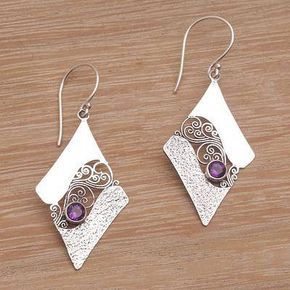 Amethyst dangle earrings, 'Amethyst Whirl' - Artisan Crafted Sterling Silver Amethyst Dangle Earrings (image 2b) Jewelry Box Organizer, Metal Jewellery, Metal Clay Jewelry, Silver Clay, Filigree Jewelry, Jewelry Organizer Box, Jewellery Earrings, Silver Jewelry Handmade, Jewellery Inspiration