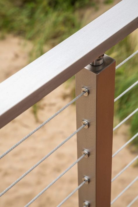 Modern Railing Design, Cable Balcony Railing, Balcony Cable Railing, Metal Cable Railing Outdoor, Cable Fencing, Deck Rail Cable, Stainless Steel Stair Railing, Deck Staircase, Stainless Steel Cable Railing Deck