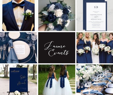 Navy and white wedding design board Blue Black And White Wedding Theme, Dark Blue Wedding Theme, White Wedding Color Palette, Day Color Palette, Navy White Wedding, Navy And White Wedding, Cake Florals, Grey Wedding Theme, Dark Blue Wedding