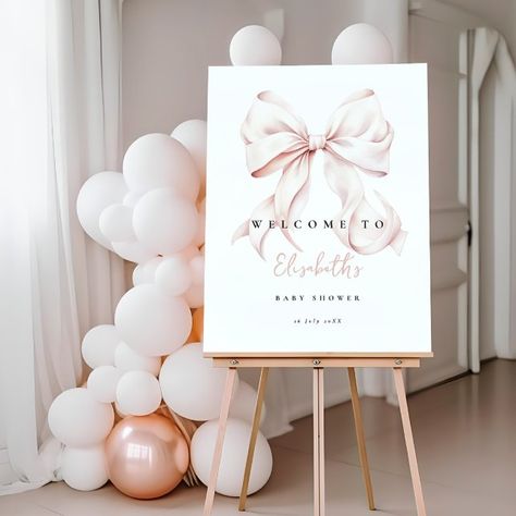 Pink Bow Baby Shower Welcome Sign | Zazzle Ballerina Themed Baby Shower Ideas, Pink Ribbon Decorations, Pink Bow Decorations, Pink Toile Baby Shower Theme, Ribbon Themed Party, Pink Bow Baby Shower Theme Decor, Baby Shower Pink Theme, Bows And Pearls Baby Shower Theme