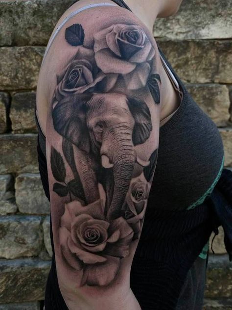 elephant | Done at Faces In The Dark Tattoo | Feb 24th 2021 | 1530980 Half Sleeve Tattoos For Women Upper Arm Elephant, Elephant Tattoo Sleeve Women, Elephant And Flowers Tattoo Design, Elephant And Rose Tattoo, Elephant Thigh Tattoos Women, Elephant Tattoos Black Women, Elephant Tattoos Forearm, Elephant With Flowers Tattoo, Elephant Memorial Tattoo