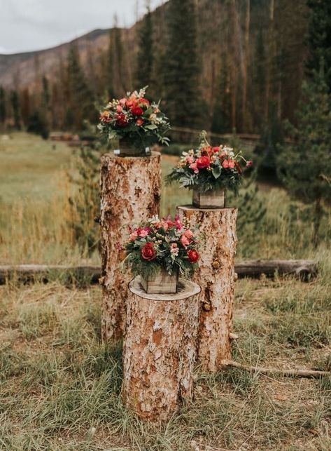 Colorado Wedding Ceremony Decor Checklist — Mountainside Events Creekside Wedding Ceremony, Stump Wedding Decor, Standing Wedding Ceremony, Creekside Wedding, Wedding Ceremony Checklist, Birch Tree Wedding, Decor Checklist, Wedding Ceremony Decor, Wood Stumps