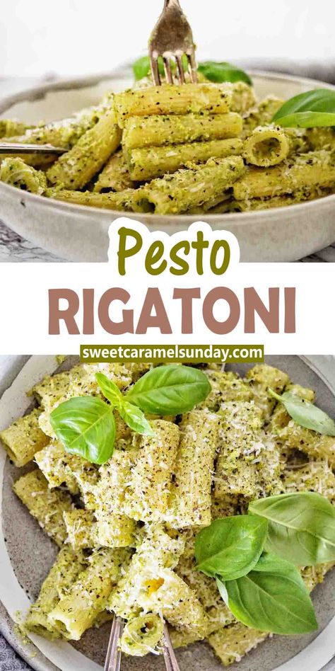 Fork being pushed into pesto rigatoni in grey bowl with basil leaves. Text is written between 2 images. Pesto Rigatoni Recipes, Rigatoni Pesto Pasta, Pesto Rigatoni, Popular Pasta Recipes, Homemade Basil Pesto, Ground Beef Pasta Recipes, Creamy Pesto Pasta, Healthy Pasta Dishes, Basil Pesto Sauce