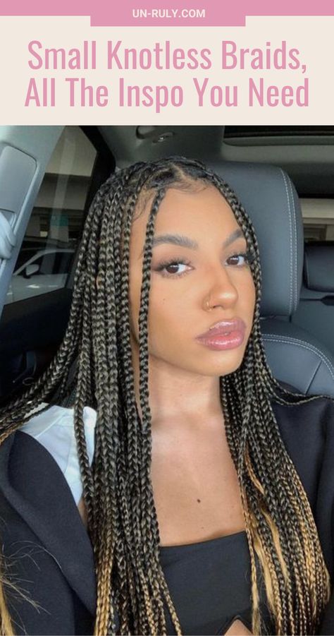 If you're convinced that small knotless braids are your next style, then this article gives you the full break-down to knotless braids. Check out our gallery of 40+ looks to inspire your next hairstyle. #SmallKnotlessBraids #KnotlessBraids #Knotless #ProtectiveStyle #BlackGirlsLit#BlackGirlsRock #BraidLovers #ProtectiveStyle #NaturalHair #NoHeatChallenge #VacayVibes 16 Inch Knotless Braids, Small To Medium Knotless Braids, Small Knot Less Braids Hairstyles, Knotless Braids Box Braids, Knotless Braids With Loose Ends, Bra Strap Length Knotless Braids, Double Knotless Braids, Knotless Box Braids Medium Shoulder Length, Small Knotless Box Braids Medium Length