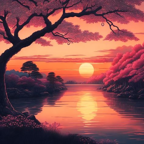 Japanese Sunset Painting, River Drawing, Sunrise Drawing, Japanese Sunset, Spring Trees, Sunset Tattoos, Landscape Tattoo, Sakura Tree, Cherry Blossom Background