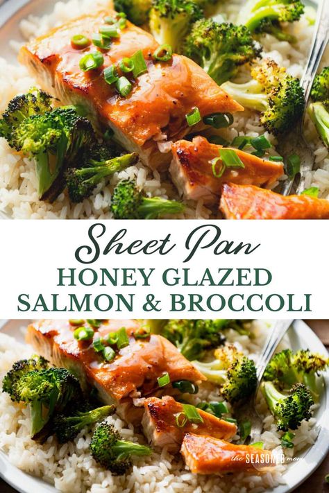 This honey glazed salmon recipe bakes with broccoli on a single sheet pan for an easy weeknight dinner that's ready from start to finish in less than 30 minutes! Pair it with rice, noodles, or a loaf of crusty bread for a simple family-friendly meal. Salmon Recipes Broccoli, One Pan Salmon And Broccoli, One Sheet Salmon And Veggies, Baked Salmon And Rice Recipes, Salmon And Veggie Recipes, Salmon Recipes Sheet Pan, Salmon Rice And Broccoli, Salmon And Broccoli Bake, Salmon And Broccoli Sheet Pan