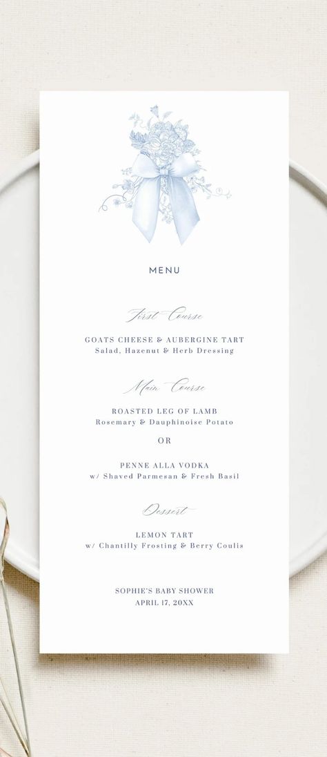 Floral Toile Menu Card Elegant Baby Shower Place Card Blue Floral Menu Template Blue Bow Bridal Shower Editable Menu Boy Baby Shower Decor - Etsy Blue Wedding Menu Cards, Blue Menu, Boy Baby Shower Decor, Bridal Shower Menu, Baby Shower Menu, Fav Products, Floral Toile, Simple Menu, Makeup Images