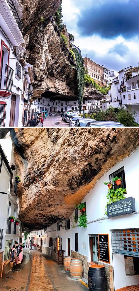 Setenil De Las Bodegas, A Town In Southern Spain, Known For Its Whitewashed Houses Built Into The Surrounding Cliffs Barcelona Spain Travel, Spanish People, Alhambra Granada, Southern Spain, Seville Spain, Romantic Destinations, Barcelona Travel, Basque Country, Old Church