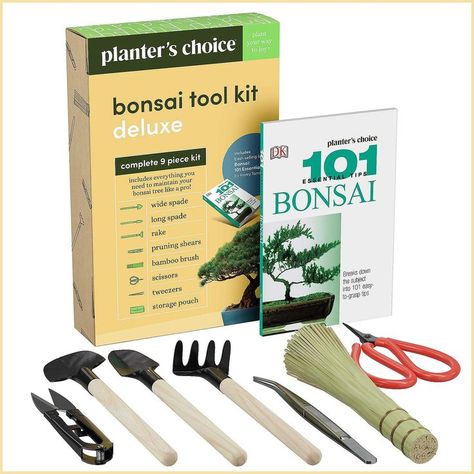 Planters' Choice Premium Bonsai Tool Kit + Bonsai 101 Book -Set Includes:Wooden Rake, Long & Wide Spades, Scissors, Tweezers, Bonsai Care, Bonsai Tools, Bamboo Brush, Bonsai Garden, Garden Hand Tools, Garden Kits, Gardening Fork, Back To Nature, Pruning Shears