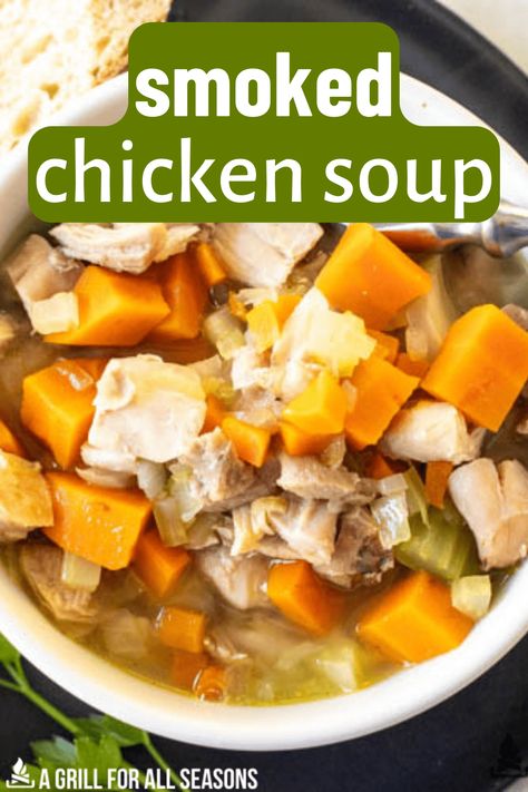 Smoked chicken soup is a hearty and flavorful dish that is perfect for a winter meal. This soup is made with smoked chicken, onions, carrots, and celery, and is simmered in a chicken broth. The smoky flavor of the chicken pairs perfectly with the vegetables in this soup and makes for a delicious and comforting meal. Chicken Soup Easy, Chicken Broth Soup, Smoked Vegetables, Chicken Soup Recipes Easy, Chicken Stock Recipe, Chicken Pumpkin, Chicken Soup Recipe, Creamy Chicken Soup, Soup Easy