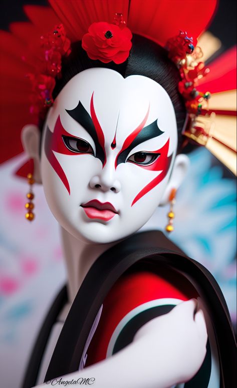 Kabuki Makeup Traditional, Ancient Japanese Makeup, Kabuki Mask Design Female, Chinese Opera Makeup, Japanese Kabuki Mask, Geisha Mask, Maya Character, Kabuki Mask, Circus Makeup