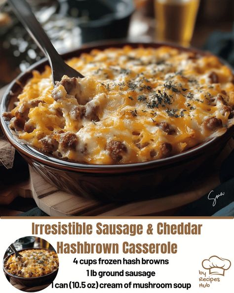 Irresistible Sausage & Cheddar Hashbrown Casserole Pork Sausage Recipes Dinner, Pork Sausage Recipes, Hashbrown Casserole Recipe, Hashbrown Casserole, Sausage Dishes, Hashbrown Recipes, Sausage Casserole, Breakfast Casserole Easy, Breakfast Casserole Sausage