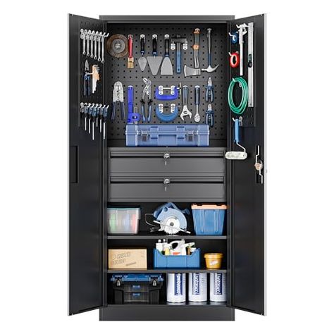 Yizosh Metal Garage Storage Cabinet with Locking Doors and Drawers, Heavy Duty Steel Tool Cabinet with Pegboard, 71" - Lockable Cabinets for Garage, Warehouse, Basement (Black) Tool Cabinet Metal, Metal Garage Storage Cabinets, Garage Storage Cabinet, Garage Warehouse, Locking Storage Cabinet, Tool Storage Cabinets, Metal Garage, Storage Organizers, Metal Storage Cabinets