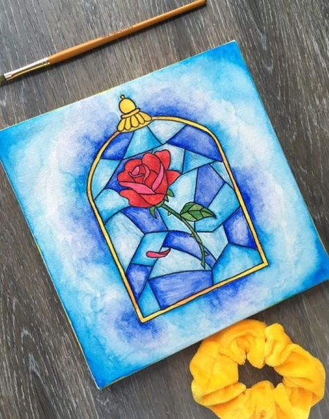 Disney Watercolour Painting, Beauty And The Beast Rose Painting, Princess Painting Canvas, Easy Trippy Painting Ideas, Painting Ideas Canvases Easy, Beauty And The Beast Painting, Rose Canvas Painting, Scissor Tattoo, Painting For Beginners Acrylic