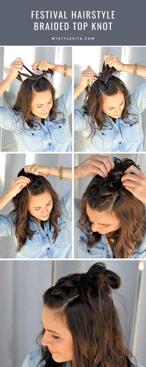 Festival hair style ideas, braided top knot, easy braided hairstyles - My Style Vita Hair Knot Tutorial, Easy Braided Hairstyles, Braided Top Knots, Top Braid, Top Knot Hairstyles, Braided Hairstyle, Cool Braid Hairstyles, Peinados Fáciles Para Cabello Corto, Penteado Cabelo Curto