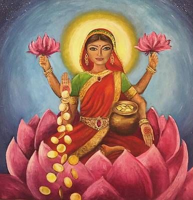 Lakshmi Goddess, Canvas Art Painting Acrylic, Goddess Of Wealth, Spiritual Paintings, Bhakti Yoga, Blooming Lotus, Yoga Decor, Lakshmi Devi, Lord Rama