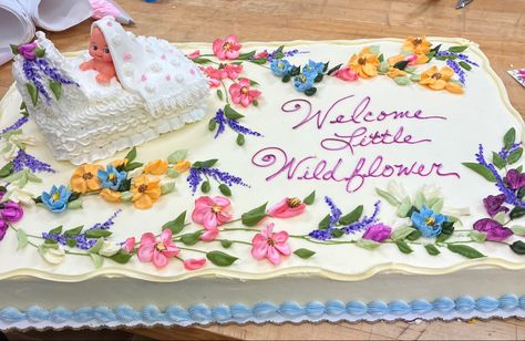 Wildflower Sheet Cake Ideas, Wild Flower Baby Shower Cake, Wildflower Sheet Cake, Boho Sheet Cake, Wildflower Cake Ideas, Wildflower Baby Shower Cake, Cake With Wild Flowers, Baby In Bloom Cake Ideas, Sheet Cake With Flowers