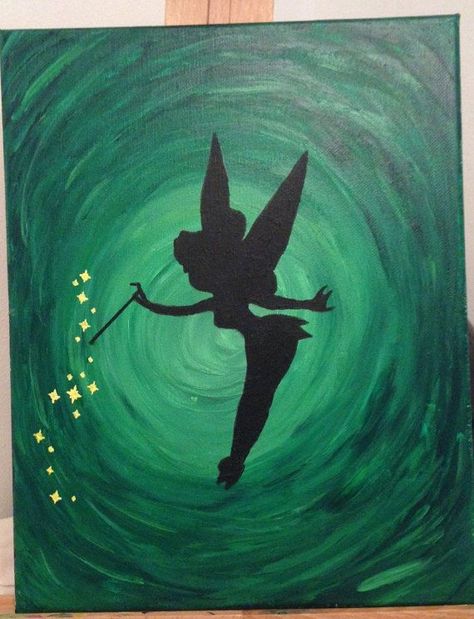 Cool Sketch Ideas Creativity Aesthetic, Tinkerbell Canvas Painting, Paintings For Beginners Aesthetic, Disney Inspired Paintings, Green Painting Ideas Art Acrylic, Disney Paintings Easy, Disney Canvas Paintings, Disney Canvas Art, Disney Canvas