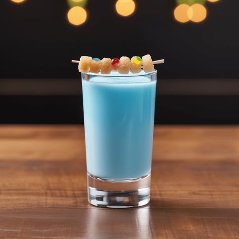 Ingredients: Amaretto:0.5oz · Blue Curacao:0.5oz · Grenadine:0.5oz · Milk or Half and Half:0.5oz Fruit Loop Shot Recipe, Salted Nut Roll Shot, Layered Shots, Froot Loop, Blue Curacao Liqueur, Whipped Cream Vodka, Dessert Shots, Birthday Shots, Bar Catering