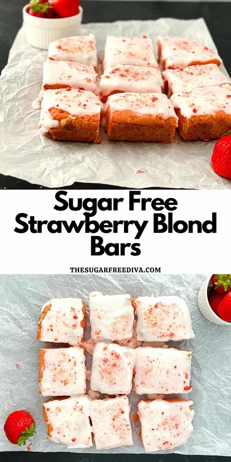 Strawberry Blondies, Low Sugar Cakes, Strawberry Gelatin, Sugar Free Cake Recipes, Sweets For Diabetics, Sugar Free Desserts Easy, No Sugar Desserts, Sugar Free Snacks, Low Sugar Desserts