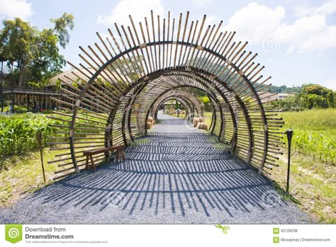 Bamboo Tunnel In The Garden. Stock Photo - Image: 39117531 Bamboo Tunnel, Bamboo Building, Urban Garden Design, Bamboo Structure, Resort Architecture, Bamboo Architecture, Bamboo Decor, Entrance Gates Design, Resort Design