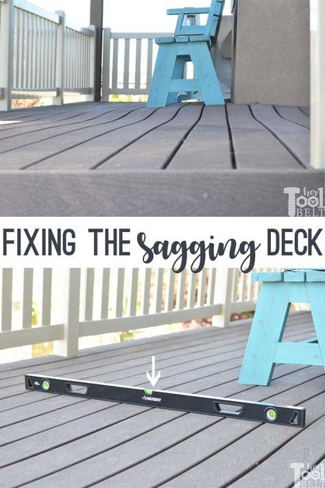 My deck was sagging so much. How I fixed it to make it level! Deck Diy, Deck Maintenance, Rustic Pergola, Pool Deck Plans, Deck Repair, Deck Supports, Deck Makeover, Deck Layout, Pool Stuff