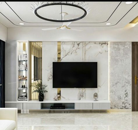 Tv Unit Hall Design, Tv Unit With Mirror Panelling, Living Room Tv Wall Luxury Tv Units, Tv Unit Interior Design Modern, Hall Tv Unit Design Modern, Tv Unit Design Modern Living Luxury, Living Room Tv Wall Luxury, Tv Wall Design Luxury, Tv Wall Design Modern Luxury