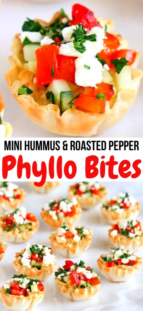 These easy and addictive Mini Hummus & Roasted Pepper Phyllo Bites are perfect for entertaining or healthy snacking. 67 calories and 2 Weight Watcher Freestyle SP | Hors D'Oeuvres | Appetizers | Finger Foods | Party Food | Cups | Entertaining #phylloappetizers #easyappetizers #weightwatchers #fingerfood #newyearseve Pepper Appetizers, Phyllo Cup Appetizers, Thanksgiving Appetizers Finger Foods, Phyllo Appetizers, Cup Appetizers, Phyllo Bites, Pepper Hummus, Phyllo Cups, Roasted Red Pepper Hummus