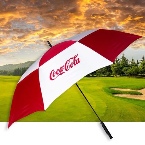 Custom Printed Automatic Vented Canopy Golf Umbrella With Resin Dome printed with your company logo, golf club or society crest.

Widely used on the professional circuit, the vented canopy golf umbrellas have an automatic opening have two canopies that incorporate a vent to allow gusts of wind to simply pass through the umbrella - the perfect feature to help combat the elements.

This umbrella comes with silver UV coating inside the canopy. Golf Umbrella, Umbrella Designs, Promotional Items, Canopies, Golf Balls, Golf Gifts, Promotional Item, Golf Ball, Golf Club