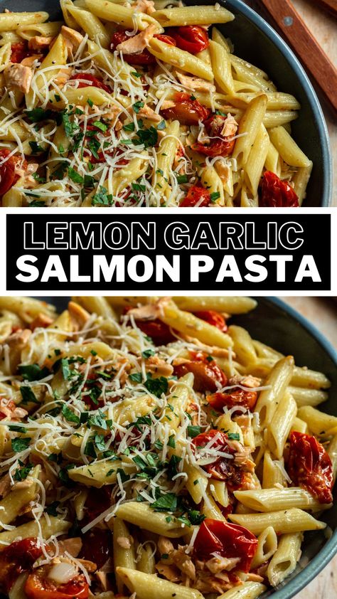 Salmon pasta in a blue bowl. Pasta Without Cream, Salmon Pasta Recipe, Healthy Salmon Dinner, Dairy Free Pasta Recipes, Salmon Pasta Recipes, Lemon Garlic Sauce, Flaked Salmon, Lobster Dishes, Dairy Free Pasta