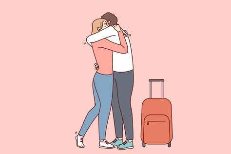 Hugging Illustration Couple, Woman Hugging Man, Man With Suitcase, Couple Embrace, Airport Meet, Hugging Drawing, In Airport, Couple Painting, Distance Relationship