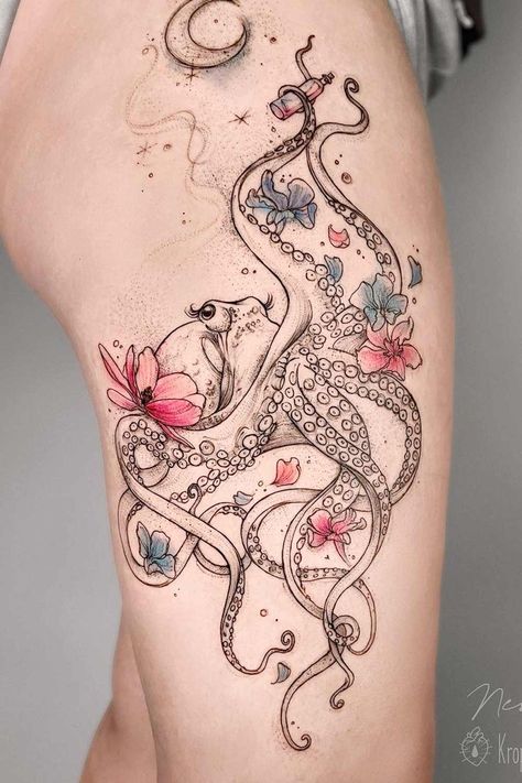 Finalize your Octopus Tattoo Hunt with the Most Inspiring Ideas ★ Watercolor Accent Octopus Tattoo Down Neck Tattoo, Nature Tattoos Sleeve, Behind Leg Tattoo Thighs, Seahorse Tattoos, Octopus Thigh Tattoos, Floral Octopus, Small Octopus Tattoo, 1975 Tattoo, Octopus Tattoo Sleeve