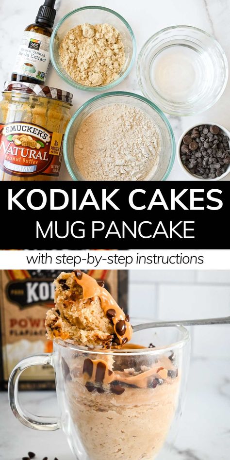 For a quick and easy breakfast, try this 1 minute Microwave Kodiak Cakes protein mug pancake. A healthy single-serving breakfast your entire family will love. Kodiak Cakes Microwave, Protein Muffin In A Mug, Kodiak Mug Cake Microwave, Protein Mug Breakfast, Mug Protein Cake, Pancake In A Cup, Kodiak Cake Breakfast Recipes, Mug Breakfast Microwave, Kodiak Microwave Pancake