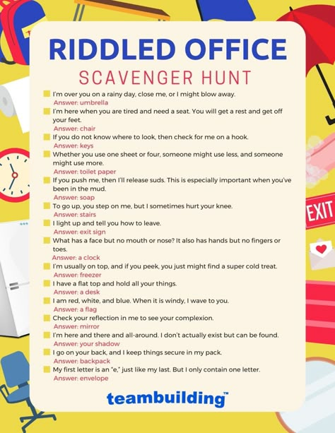 Proposal Scavenger Hunt, Printable Scavenger Hunt Clues, Office Scavenger Hunt, Work Team Building Activities, Office Team Building, Scavenger Hunt Template, Mall Scavenger Hunt, Work Team Building, Printable Scavenger Hunt